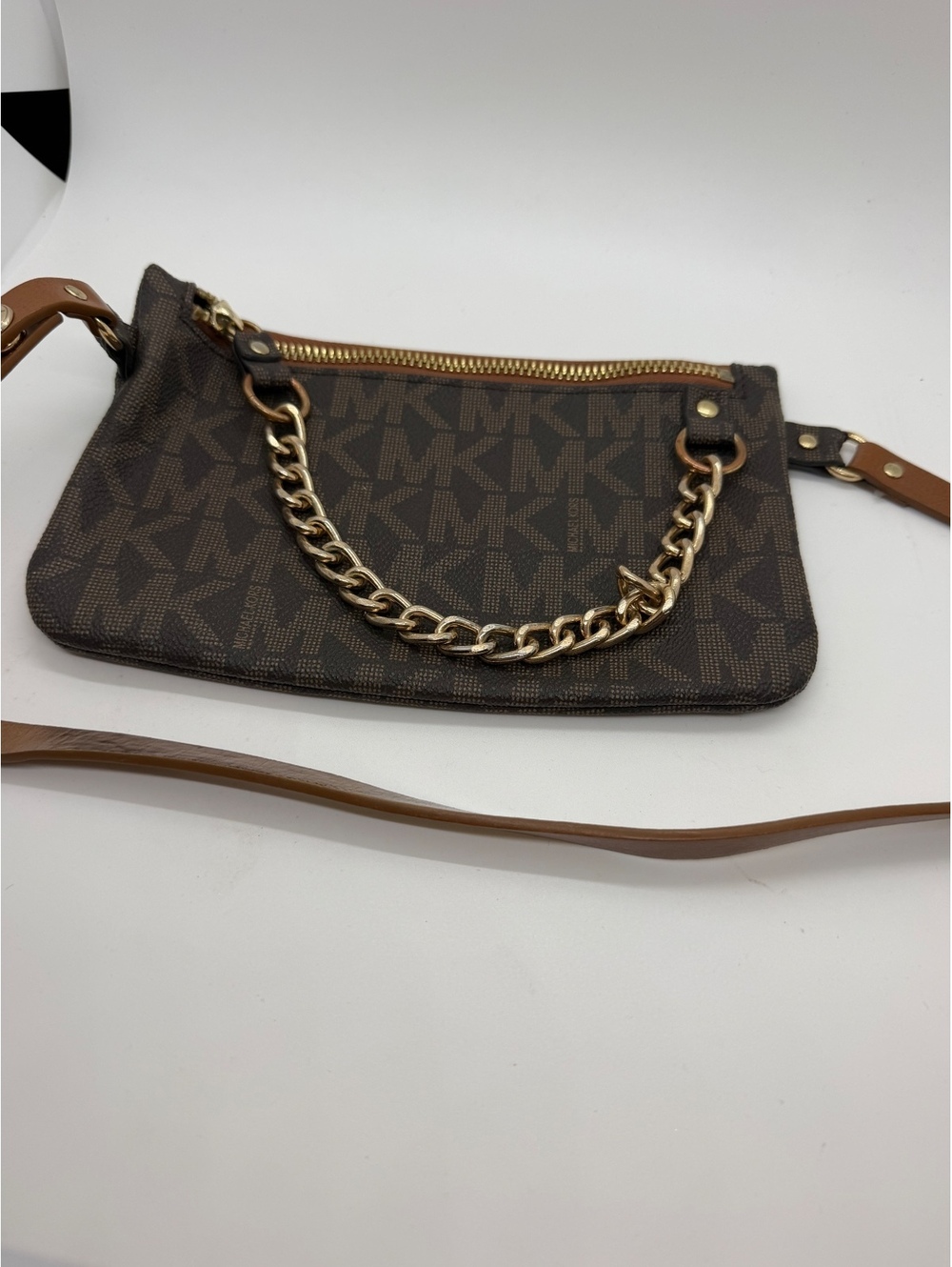 Michael Kors MK Signature Brown Crossbody Bag Gold Chain Logo Purse